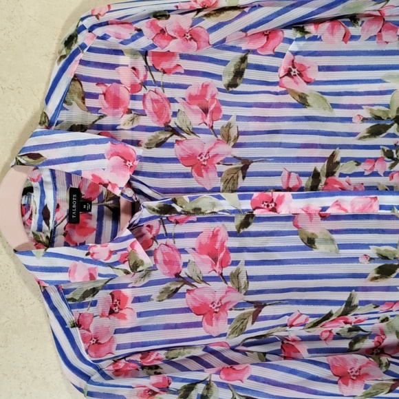 02537 Talbots blue stripes and pink floral semi-sheer L/S blouse M - Picture 2 of 9
